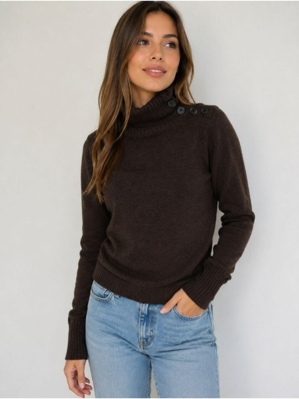 Banana Republic Womens Brown Merino Wool Ribbed Button Turtleneck Sweater Size L